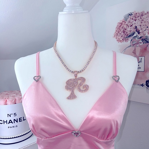 Iced Out Bling Barbie Girl Diamond Rose Gold Pink Tennis Chain - Picture 3 of 3
